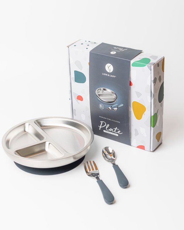 18/8 Stainless Toddler Plate with silicone suction base, spoon and fork