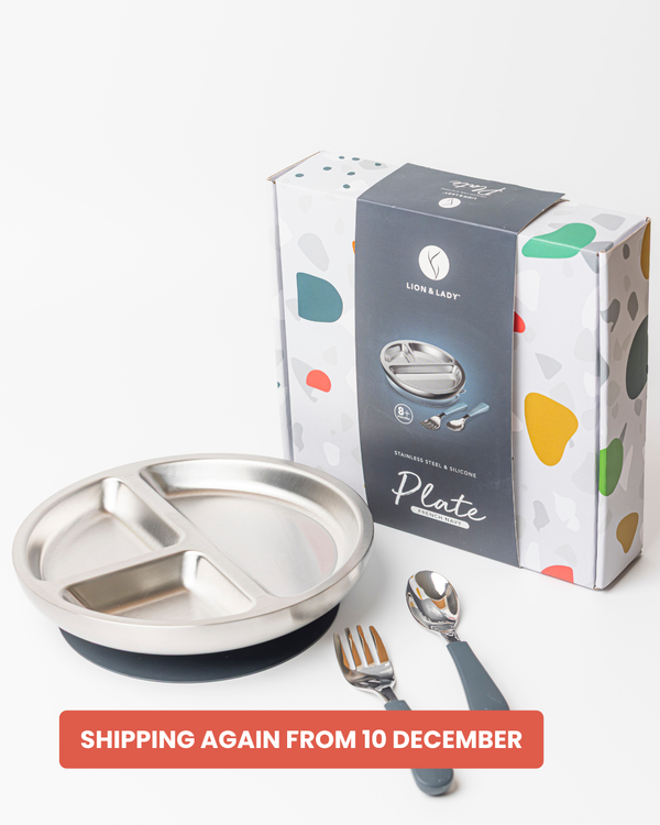 18/8 Stainless Toddler Plate with silicone suction base, spoon and fork