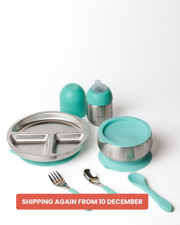 3-Piece | Mealtime Set 18/8 Grade Stainless Steel Bowl, Plate and Sippy Cup Bottle (210ml)