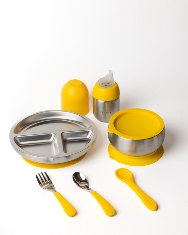 3-Piece | Mealtime Set 18/8 Grade Stainless Steel Bowl, Plate and Sippy Cup Bottle (210ml)