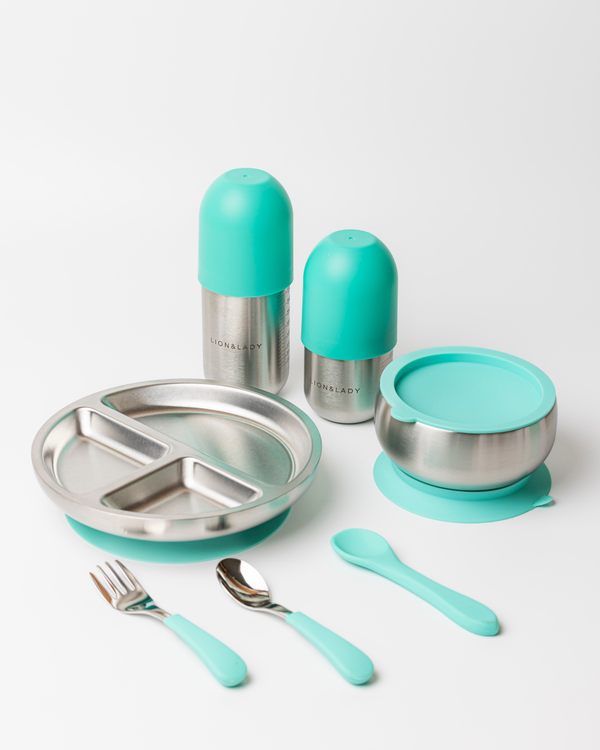 4-Piece | Mealtime Set 18/8 Grade Stainless Steel Bowl, Plate, Straw and Sippy Bottles