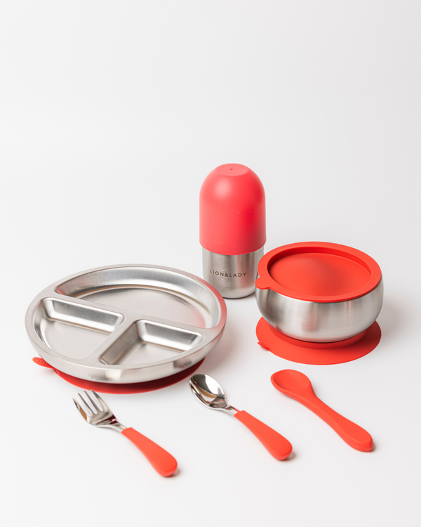 3-Piece | Mealtime Set 18/8 Grade Stainless Steel Bowl, Plate and Baby Bottle (210ml)